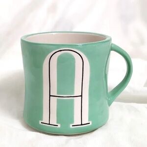 Anthropologie Mint Green Monogram Alphabet Initial “A” Coffee Mug Hand Painted